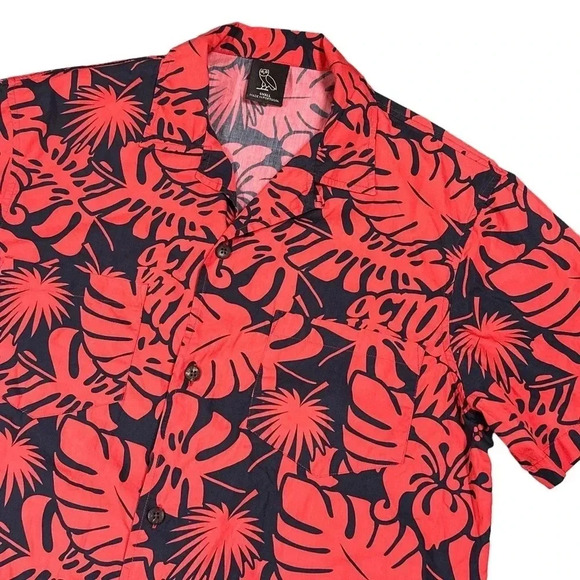 OVO October's Very Own Spellout Floral Red Hawaiian Button S/S Shirt Mens Small - Picture 2 of 8